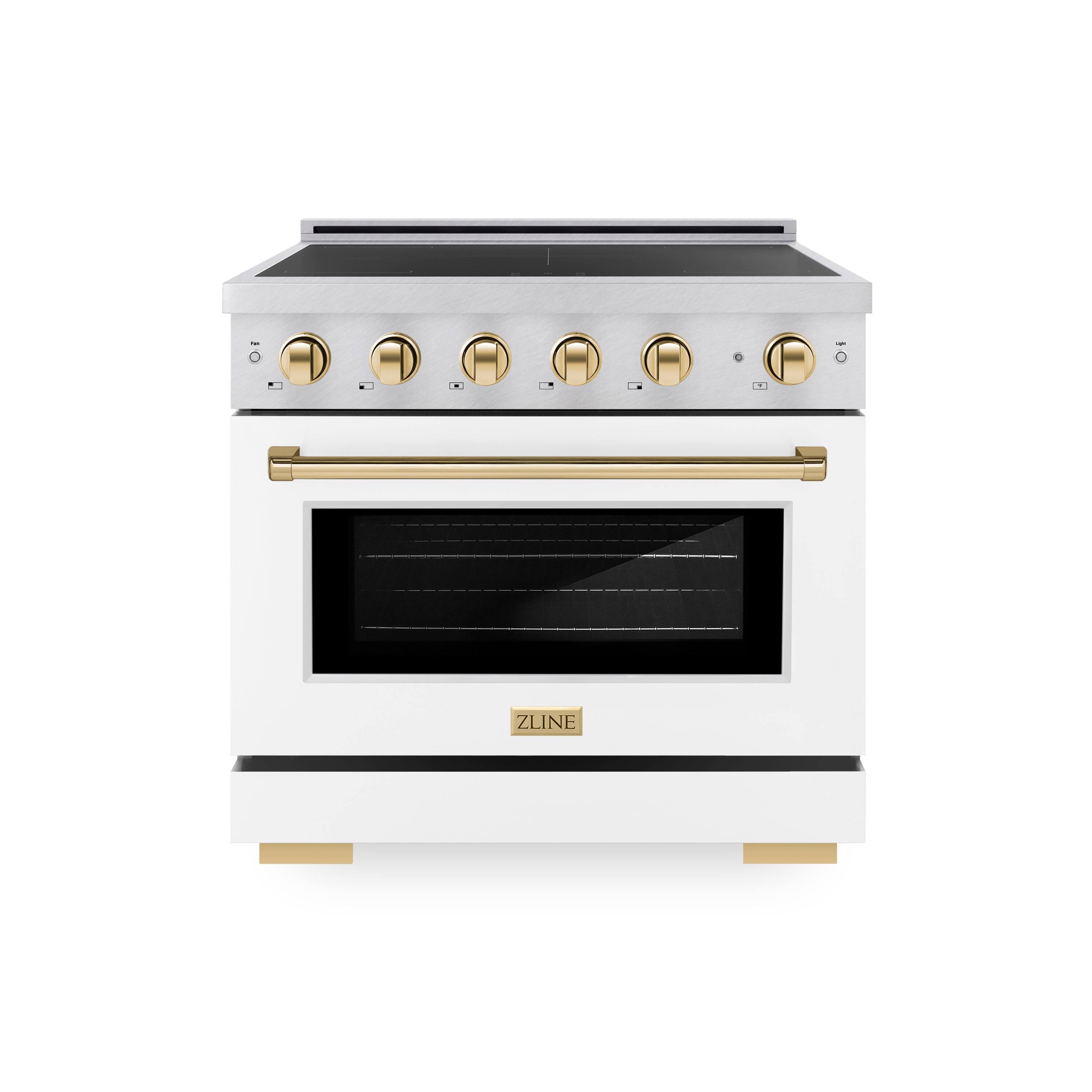 Front. ZLINE - 36 in. Wide 5 Elements Autograph 5.2 Cu.Ft. Paramount Freestanding Induction Range with Gold Accents & White Door - Matte White.