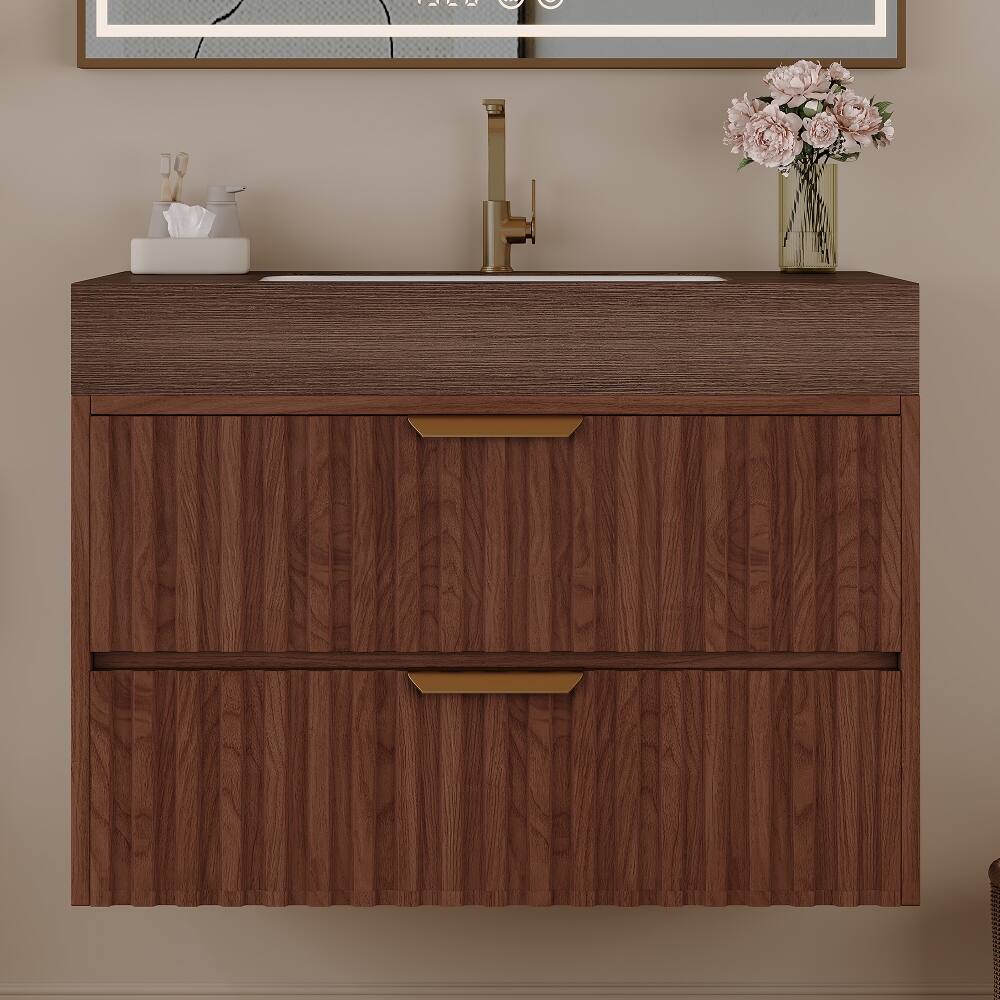 Angle. Loheer - Loheer 30 inch floating bathroom vanity Walnut Wall Mounted Vanity with Sintered Stone Top - Walnut.