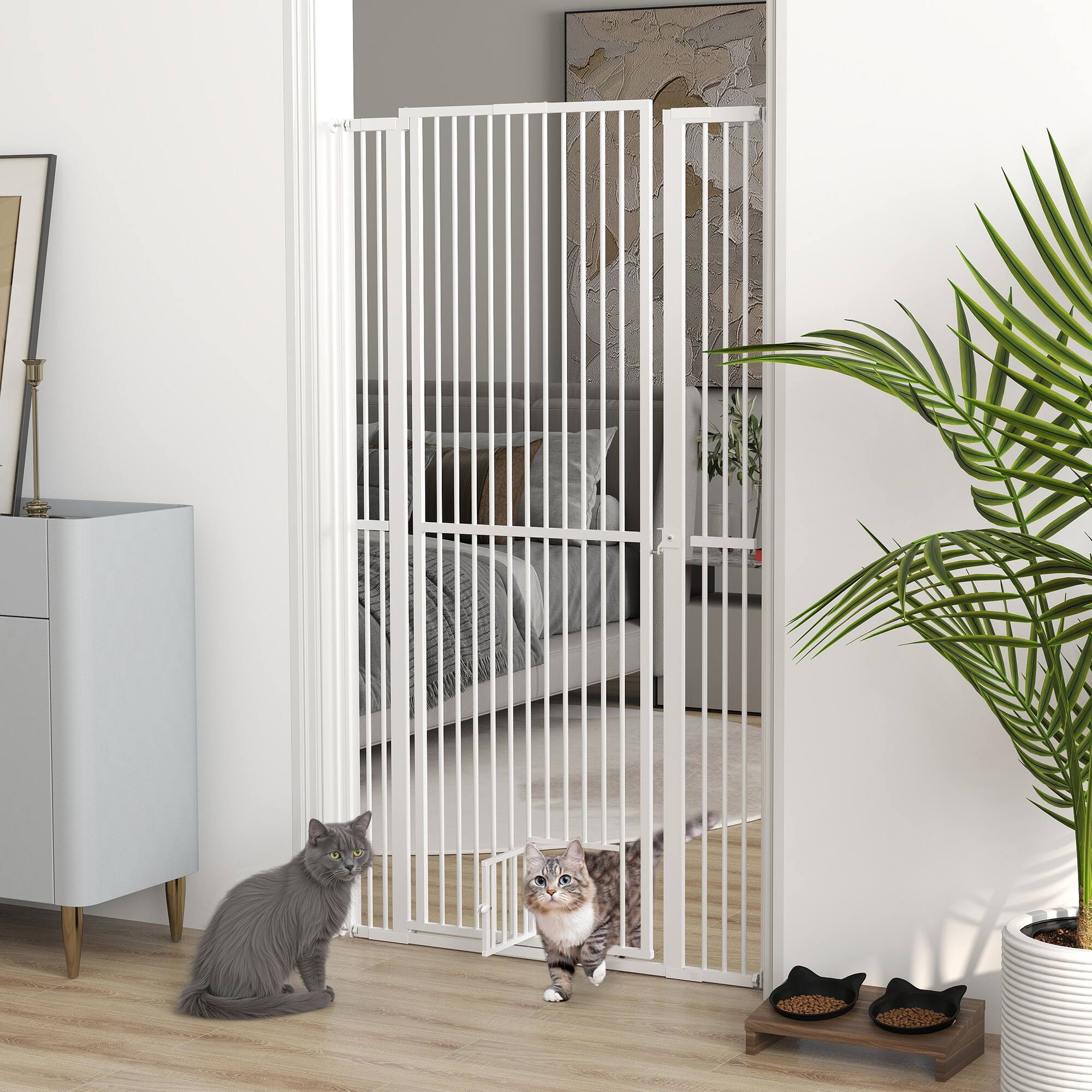 Angle. Pawhut - 59" Extra Tall Pet Gate for Cats, 30"-41" with Small Door, 1.4" Gap, 2.8"/5.5" Extension, Pressure Mounted.
