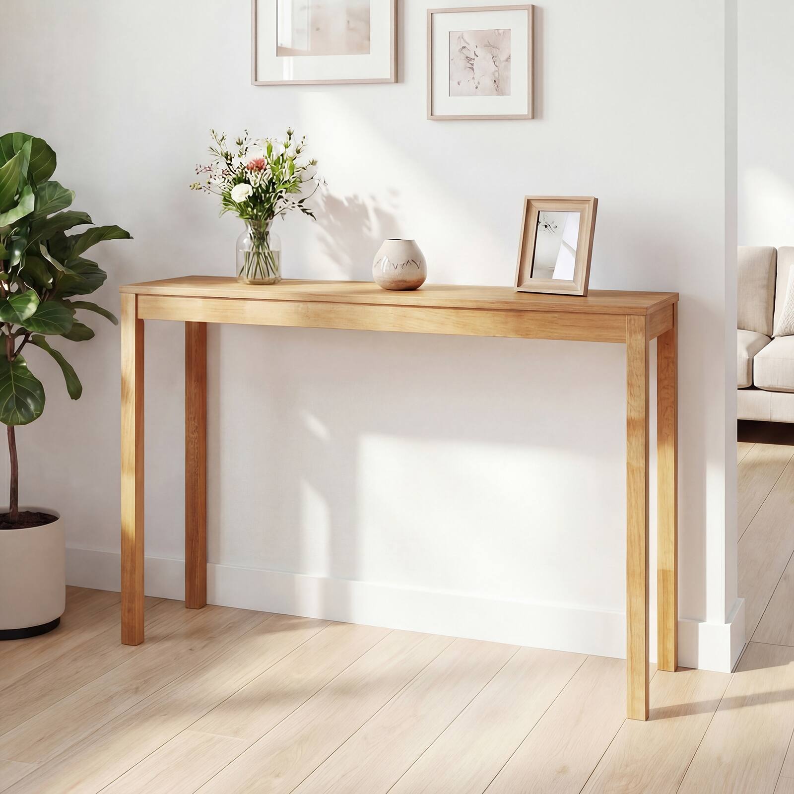 Alt View 1. Gymax - Gymax 48'' Modern Farmhouse Sofa Table w/Thickened Top & Solid Wood Legs for Entryway Natural - Yellow.