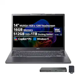 Acer - Upgraded - Aspire 14" WUXGA Touch Copilot+ PC Laptop,Intel Core Ultra 5 226V,16GB LPDDR5X,512GB SSD+1TB Dock,Backlit,Win 11 - Gray