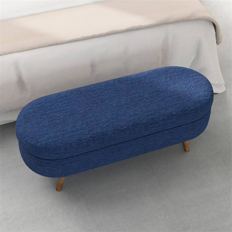 Alt View 2. HTUTWOO - 43.5" Ottoman Storage Bench - Oval Upholstered Linen Fabric Footrest Bench with Wood Legs, End of Bed for Living Room - Blue.