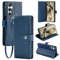 Front. Dteck - Wallet Case for Samsung Galaxy S25+ Crossbody Premium Leather Flip Kickstand Zipper Card Slot Cover With Strap+Lanyard - Darkblue.