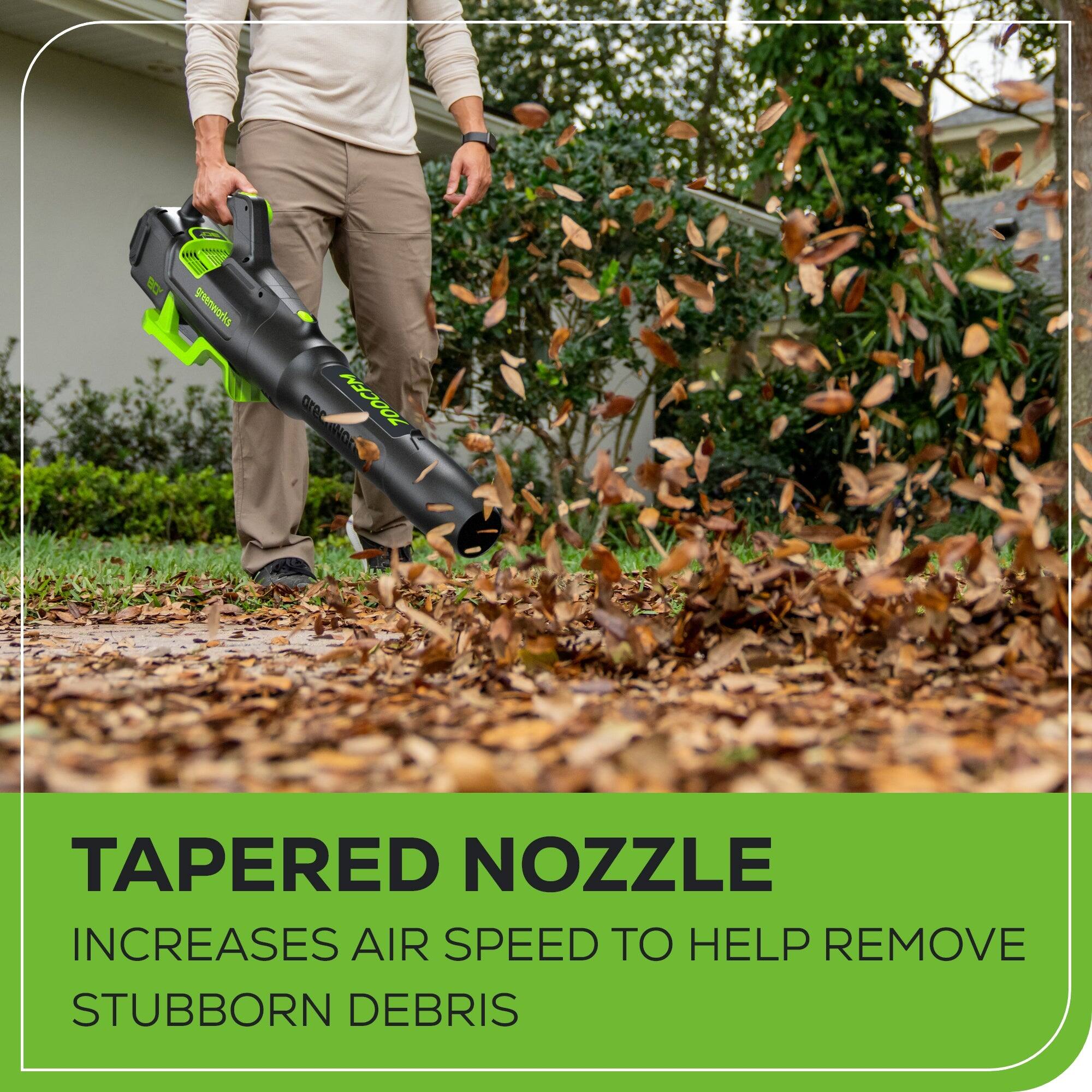 Tapered Nozzle  
Increases Air Speed to Help Remove Stubborn Debris