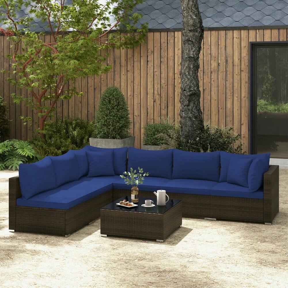 Angle. Kadyn - Patio Furniture Sets,Outdoor  Patio Furniture Sets,7 Pcs Patio Rattan Furniture Set with Sectional Sofa Cushions-Navy - Blue.