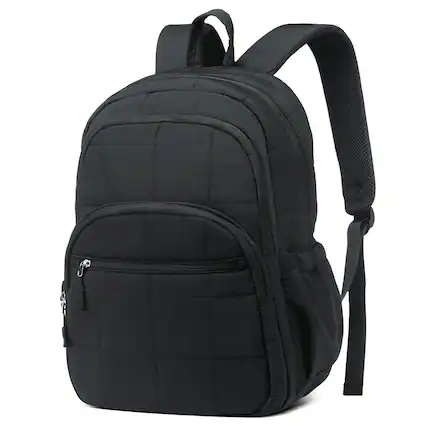 Front. Unique Bargains - Quilted Laptop Backpack for Women, Casual Work Daypack for 15.6" Laptop, Travel Bag with Luggage Strap - Black.
