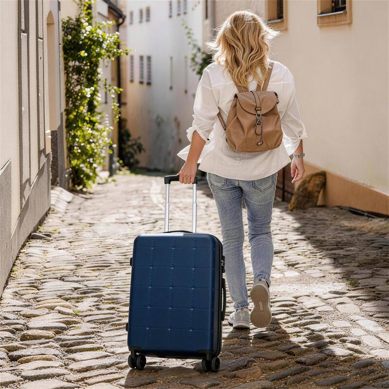 Angle. HTUTWOO - Hardside Luggage - 5 Piece with Bags -20" Half-opening Carry on with USB Port,Expandable 24"/28",Spinner Wheels,TSA Lock - Blue.