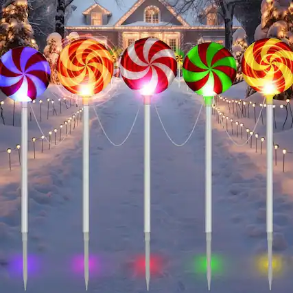 Front. PARKER SLATER - 5-Pack 33" Color-Changing Lollipop Pathway Lights – Outdoor Peppermint Candy Cane Stakes.
