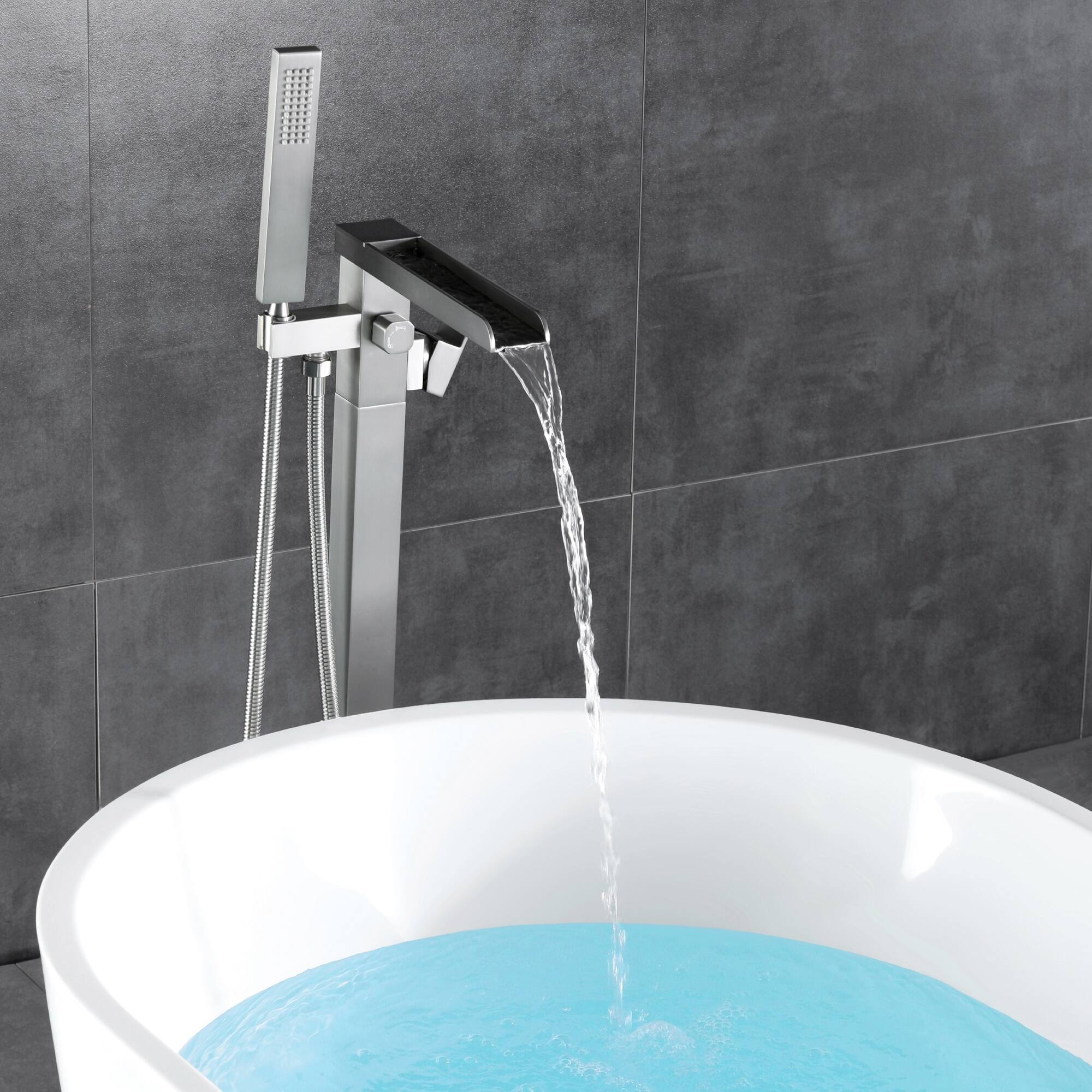 Alt View 2. Boyel Living - Brushed Nickel Freestanding Bathtub Faucet Solid Brass Waterfall Spout Handheld Spray cUPC Certified - Brushed Nickel.