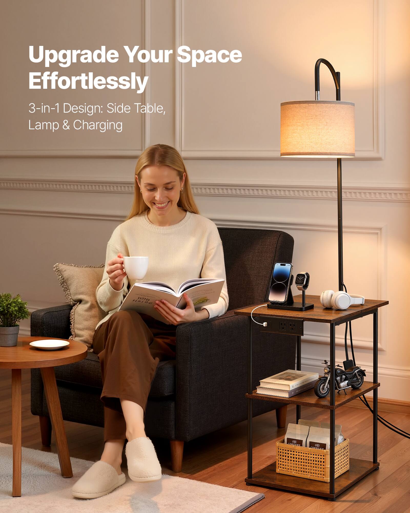 Upgrade Your Space Effortlessly  
3-in-1 Design: Side Table, Lamp & Charging