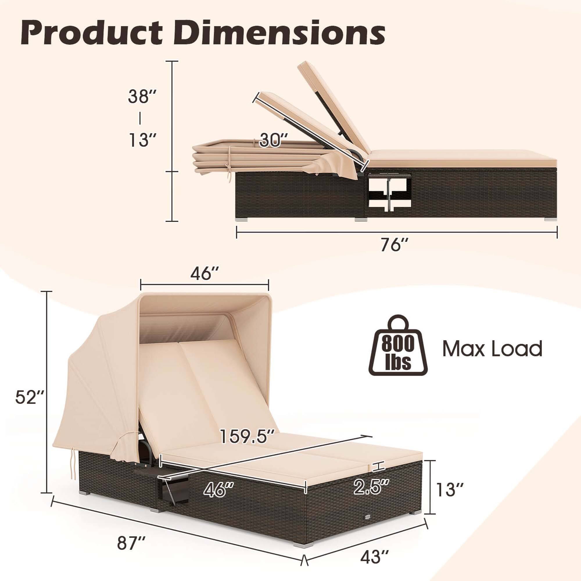 Product Dimensions  
- 38" (Height) x 13" (Depth) x 30" (Width)  
- 76" (Length)  
- 52" (Height) x 159.5" (Length) x 46" (Width)  
- 87" (Height) x 43" (Depth) x 13" (Width)  
- 2.5" (Thickness)  

Max Load: 800 lbs