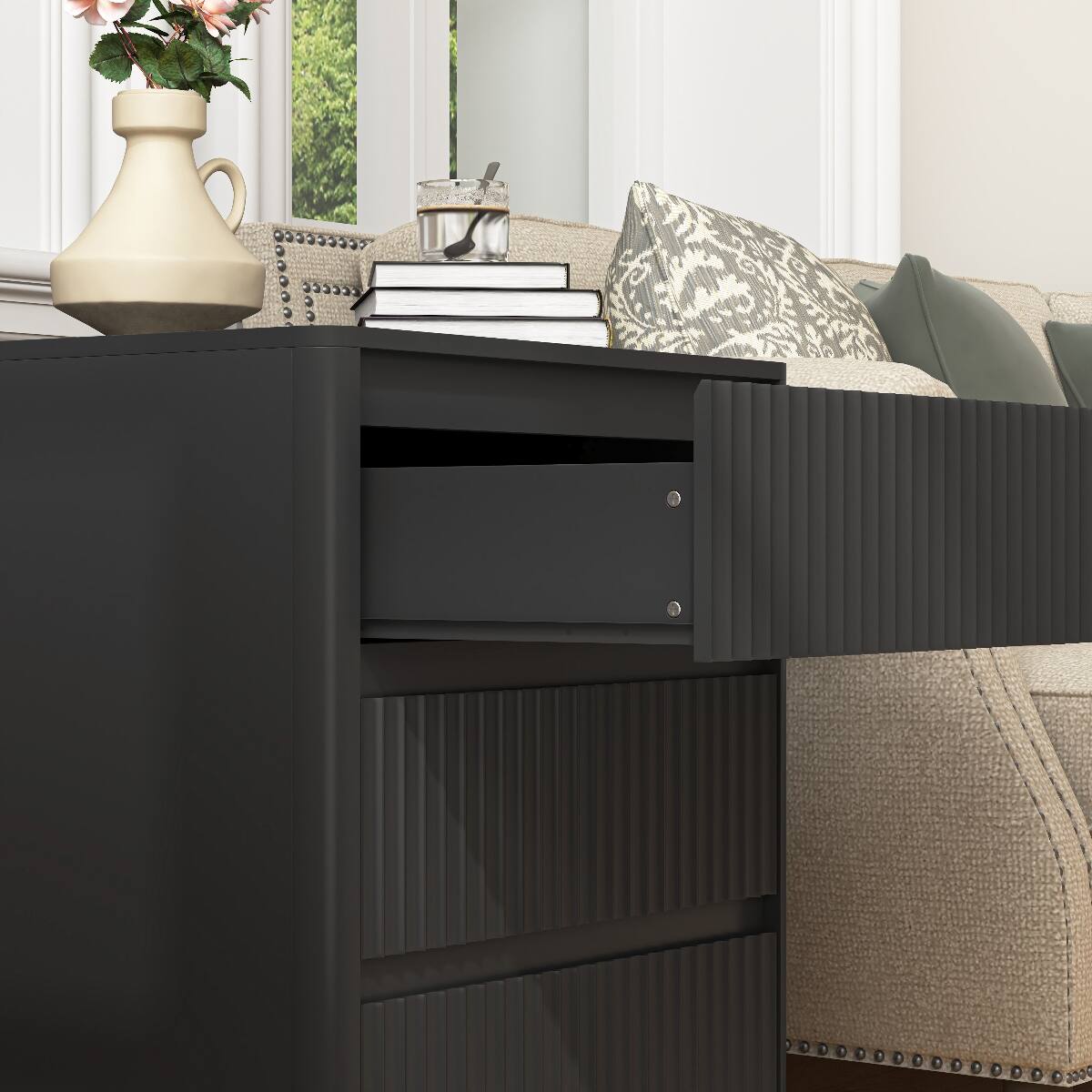 Alt View 10. Loheer - Loheer Black Nightstand Set of 2 with USB C Charging Station and Three Drawers - Black.