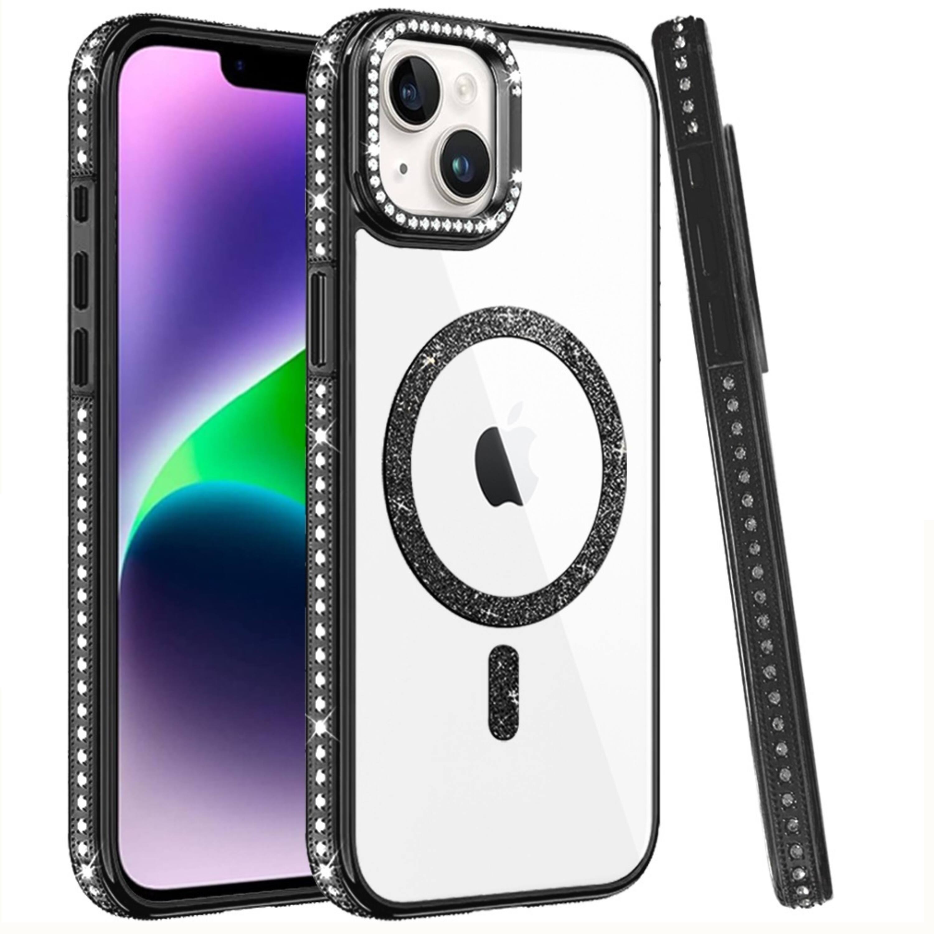 Angle. Kitcheniva - Diamond Bling Magnetic Ring Stand Case With Tempered Glass For iPhone 13 14 Silver - Silver.