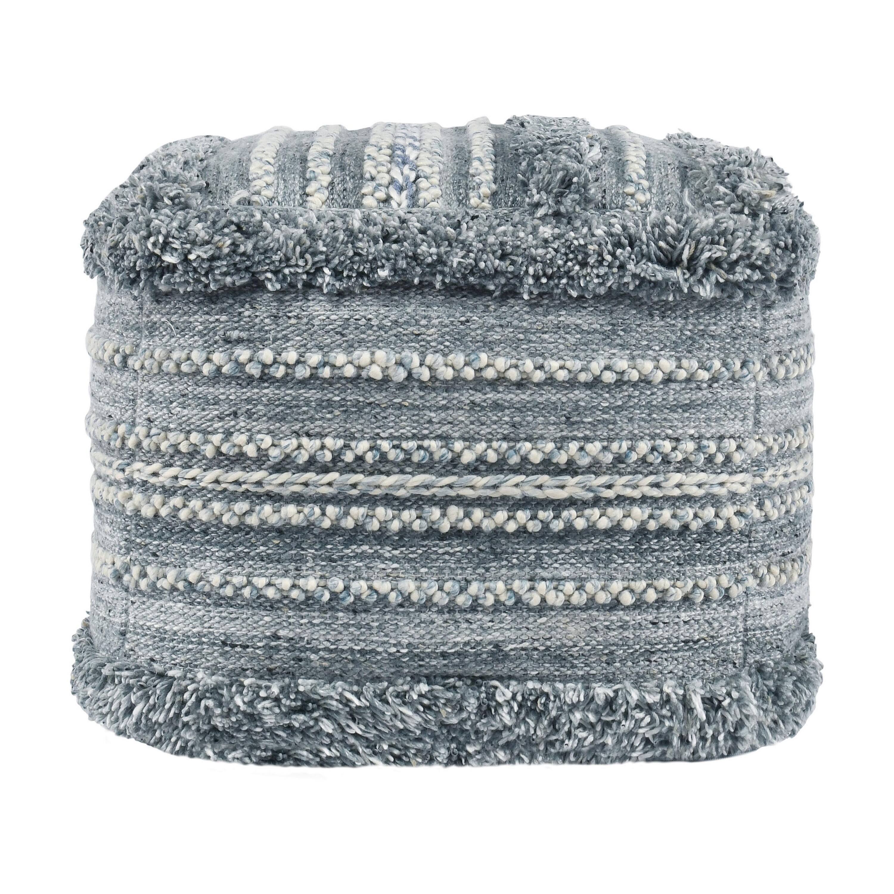 Angle. Manhattan Lane - Square Ottoman Pouf, 18 Inch Blue Polyester, Boho Knitted Texture - Blue.