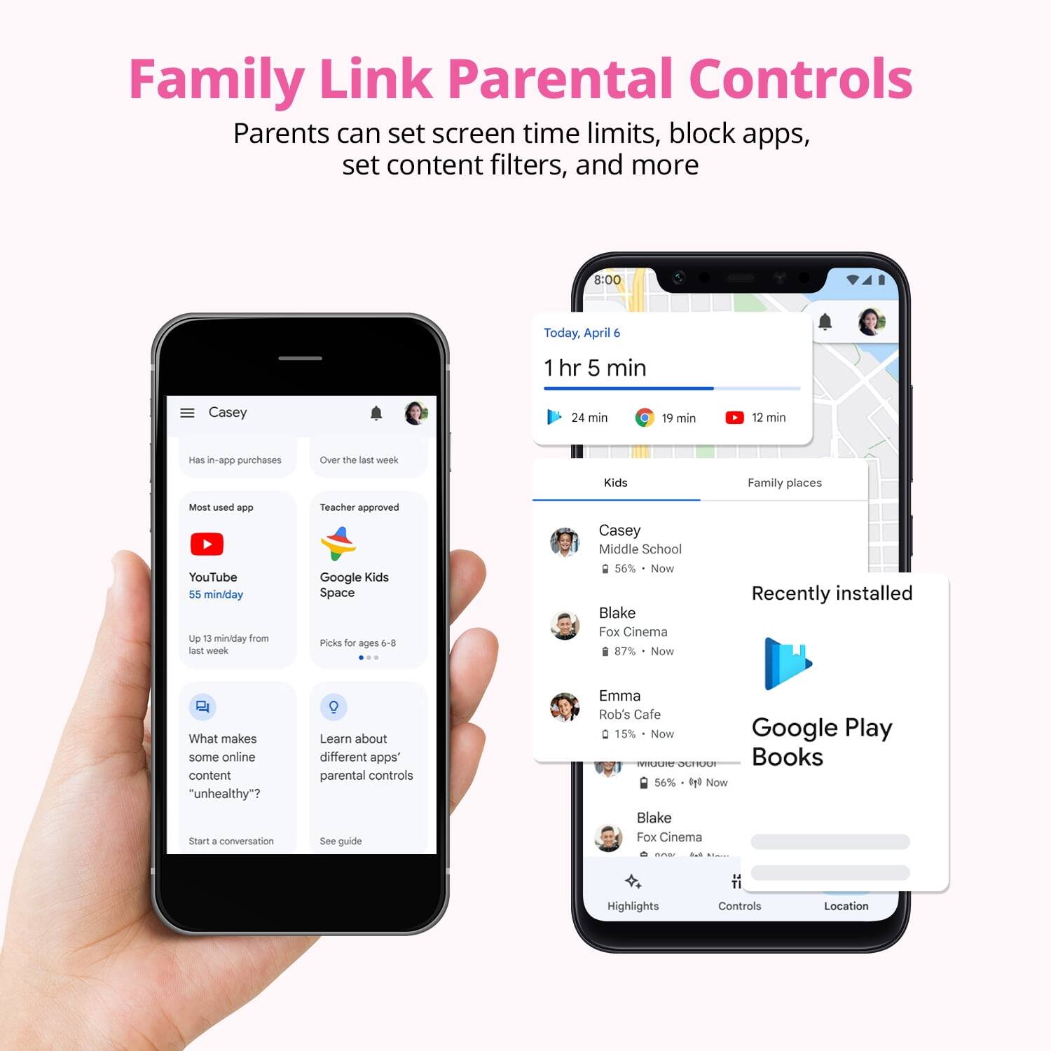 Family Link Parental Controls  
Parents can set screen time limits, block apps, set content filters, and more  

Casey  
Has in-app purchases  
Most used app  
YouTube  
55 min/day  
Up 13 min/day from last week  
Teacher approved  
Google Kids Space  
Picks for ages 6-8  
What makes some online content "unhealthy"?  
Start a conversation  
Learn about different apps' parental controls  
See guide  

Today, April 6  
1 hr 5 min  
24 min  
19 min  
12 min  

Kids  
Casey Middle School  
56% • Now  
Blake  
Fox Cinema  
87% • Now  
Emma  
Rob's Cafe  
15% • Now  

Recently installed  
Google Play Books  
Blake  
Fox Cinema  
56% • Now  

Controls  
Location