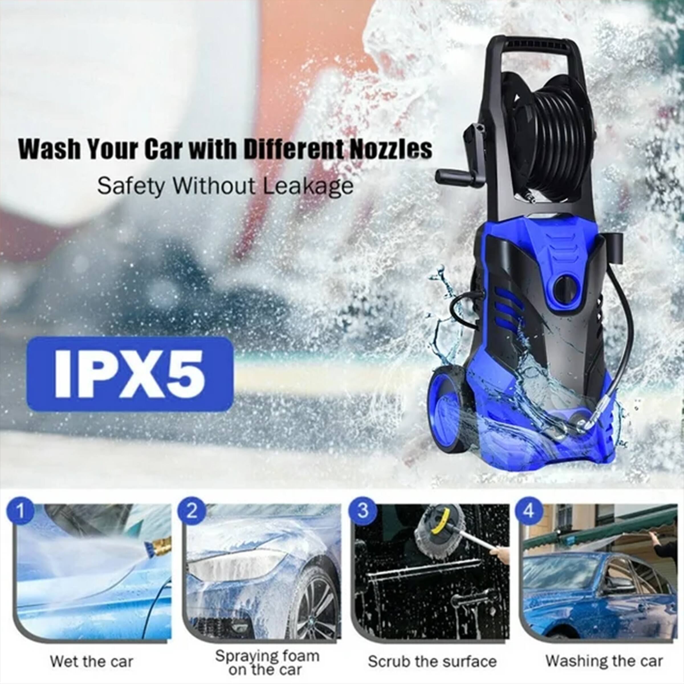 Wash Your Car with Different Nozzles Safety Without Leakage IPX5

1. Wet the car
2. Spraying foam on the car
3. Scrub the surface
4. Washing the car