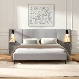 APRILSOUL - Chic Linen Upholstered Bed with Integrated Lights and Shelves Grey Queen - Gray