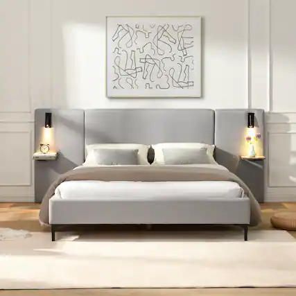 Front. APRILSOUL - Chic Linen Upholstered Bed with Integrated Lights and Shelves Grey Queen - Grey.