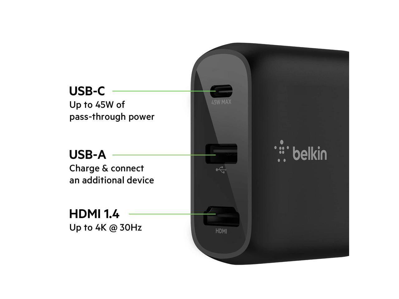 USB-C  
Up to 45W of pass-through power

USB-A  
Charge & connect an additional device

HDMI 1.4  
Up to 4K @ 30Hz

belkin