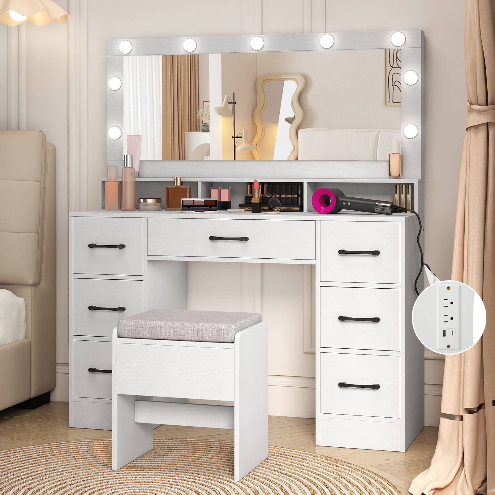Alt View 9. Gymax - Gymax Vanity Desk w/Mirror & Lights Power Outlets 3 Color Lighting Modes 7 Drawers - White.