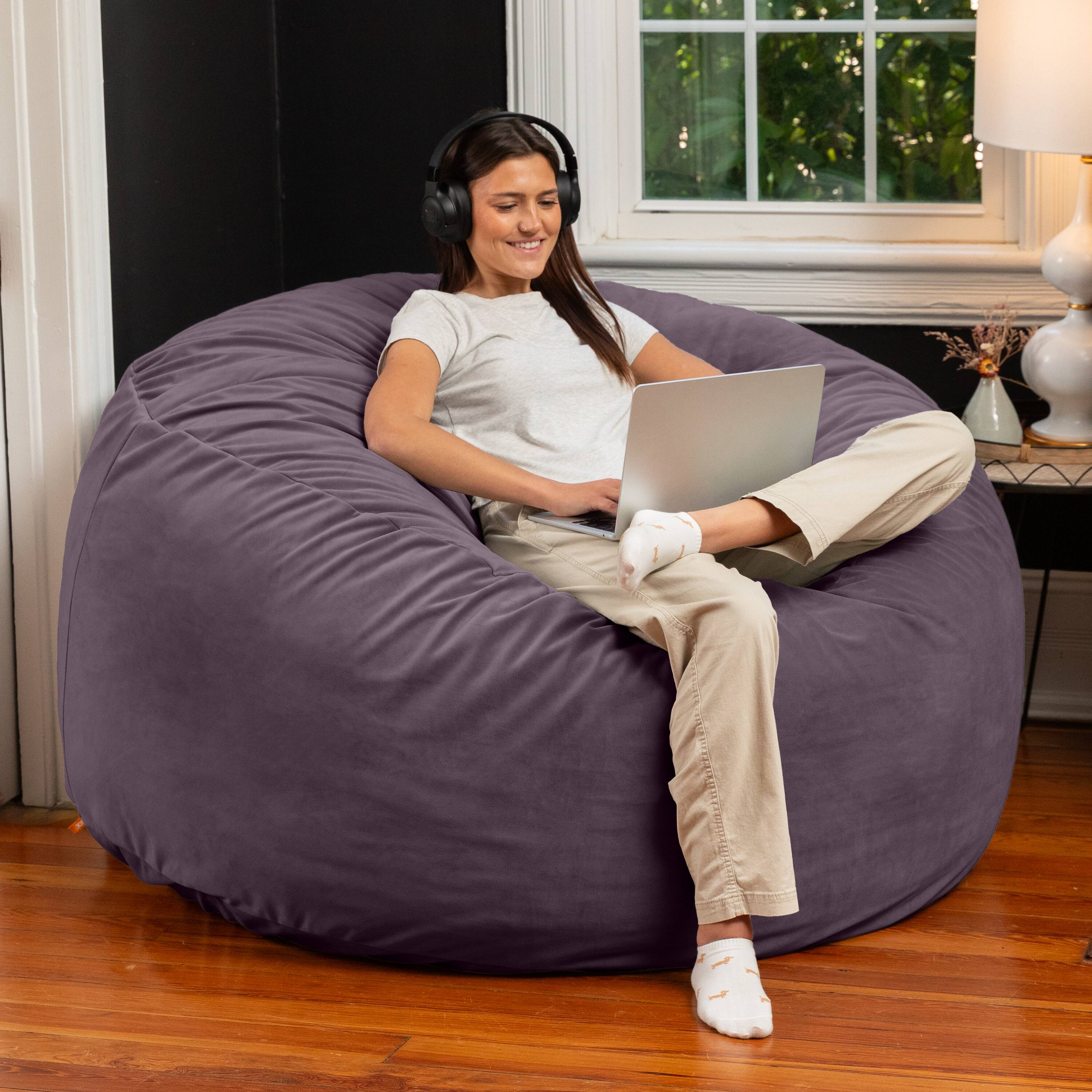 Back. Jaxx - Jaxx 5 Foot Saxx - Large Round Bean Bag Chair for Adults - Lush Velvet Purple - Lush Velvet Purple.