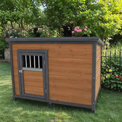 Front. Siljoy - 45" Solid Wood Dog House, Large PVC Waterproof Roof & Lockable Door, Elevated Floor for Big Dogs.