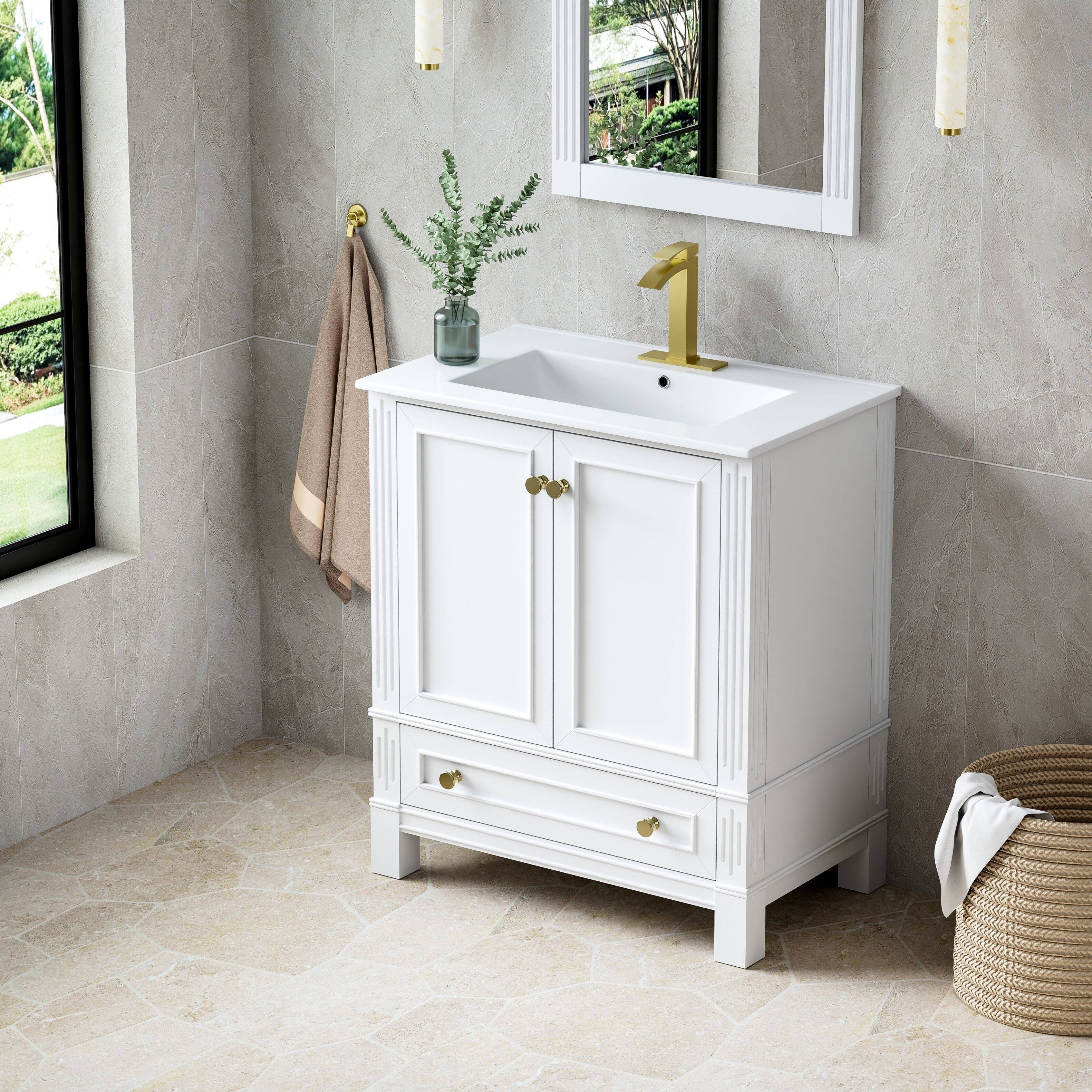 Left. WELLFOR - DURA 30 in. Solid Wood Bath Vanity with Countertop Basin, Single Sink - White.