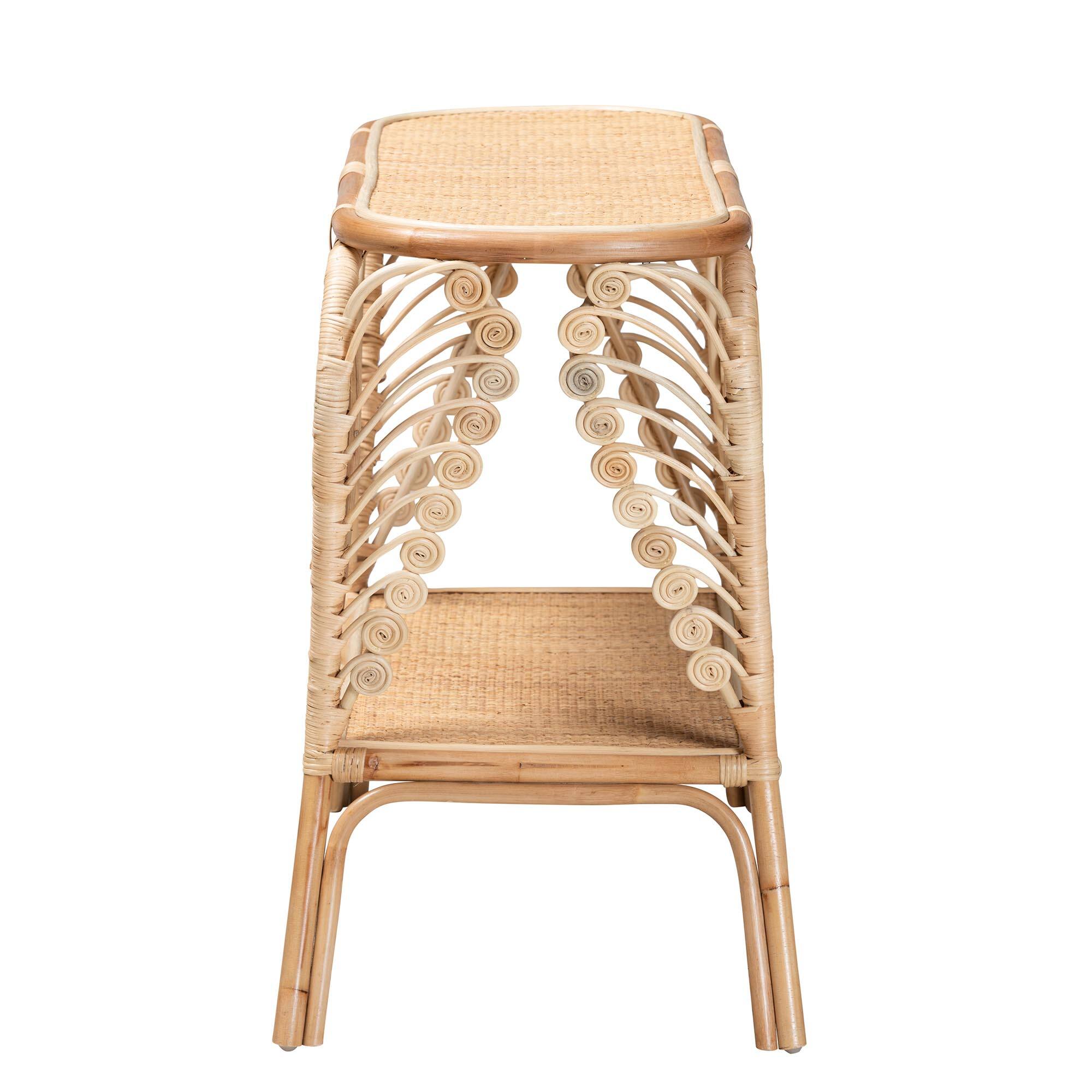 Left. bali & pari - Bastet Modern Bohemian Rattan 2-Tier Console Table - Natural Brown.