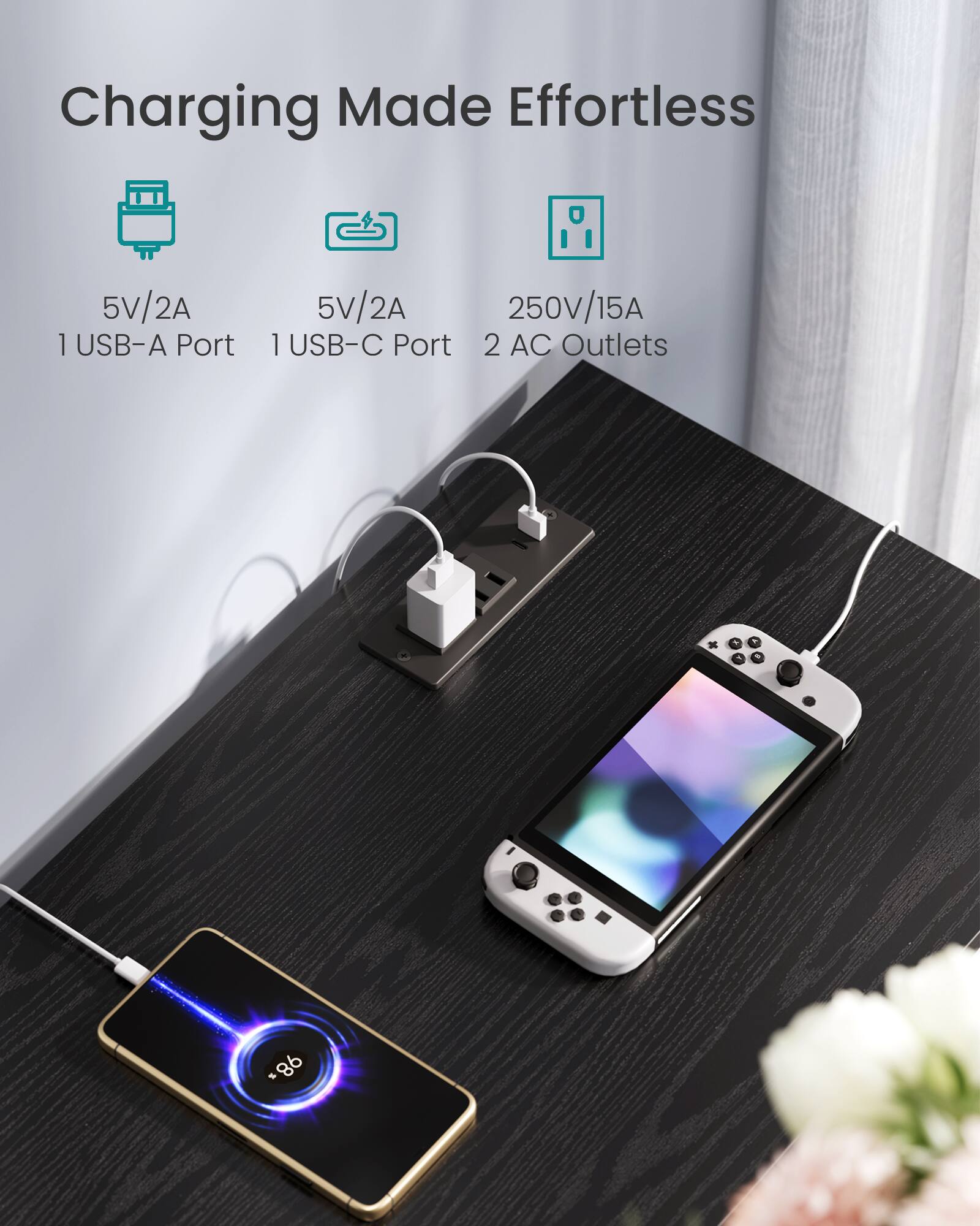 Charging Made Effortless  
5V/2A 1 USB-A Port  
5V/2A 1 USB-C Port  
250V/15A 2 AC Outlets  
*86