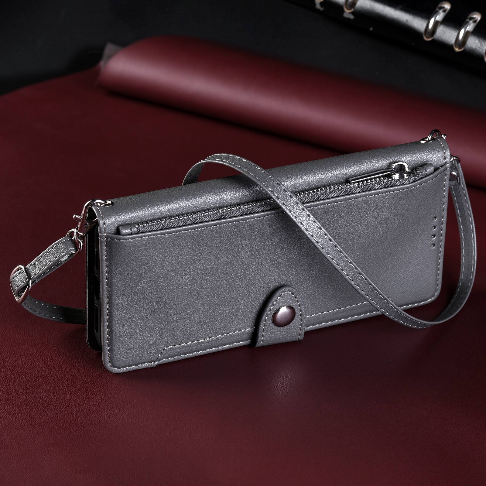 Alt View 3. Dteck - Wallet Case for Samsung Galaxy S25+ Crossbody Premium Leather Flip Kickstand Zipper Card Slot Cover With Strap+Lanyard - Gray.