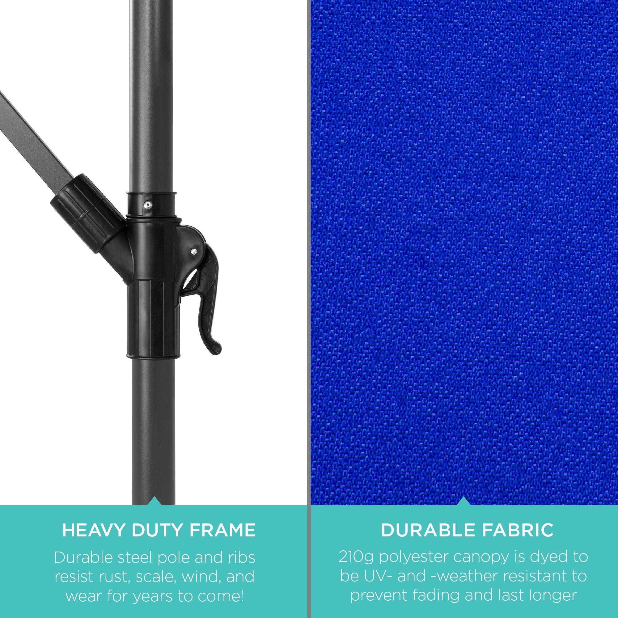 HEAVY DUTY FRAME  
Durable steel pole and ribs resist rust, scale, wind, and wear for years to come!

DURABLE FABRIC  
210g polyester canopy is dyed to be UV- and weather resistant to prevent fading and last longer