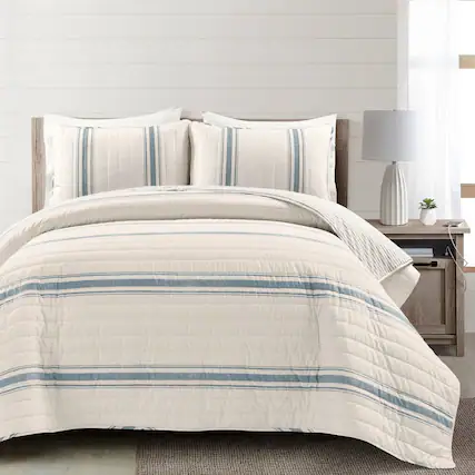 Front. Hivvago - King size Blue Off-White Cream Stripe 3 Piece Reversible Cotton Quilt Set - Blue, Off-White, Cream.