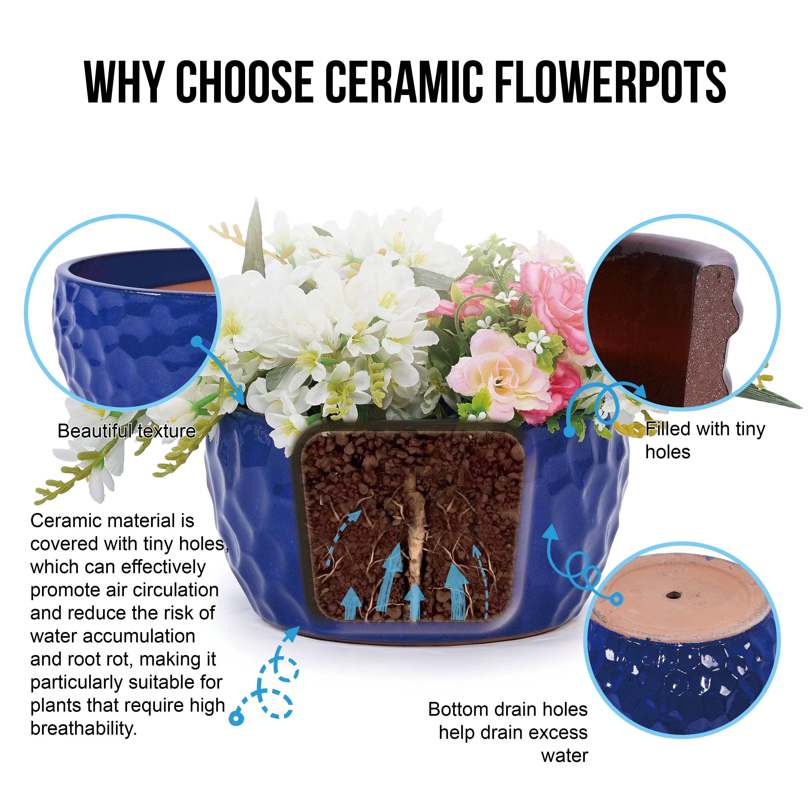 WHY CHOOSE CERAMIC FLOWER POTS

Beautiful texture

Ceramic material is covered with tiny holes, which can effectively promote air circulation and reduce the risk of water accumulation and root rot, making it particularly suitable for plants that require high breathability.

Bottom drain holes help drain excess water