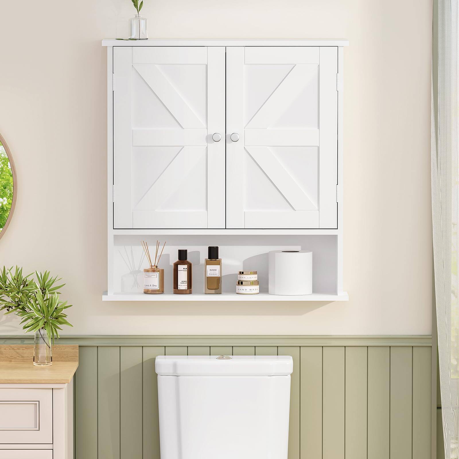 Left. Hirose Alice - Wall Cabinet With Barn Doors & Shelf Over The Toilet Storage Unggx001wv1 Extra worrying about bathroom - White.