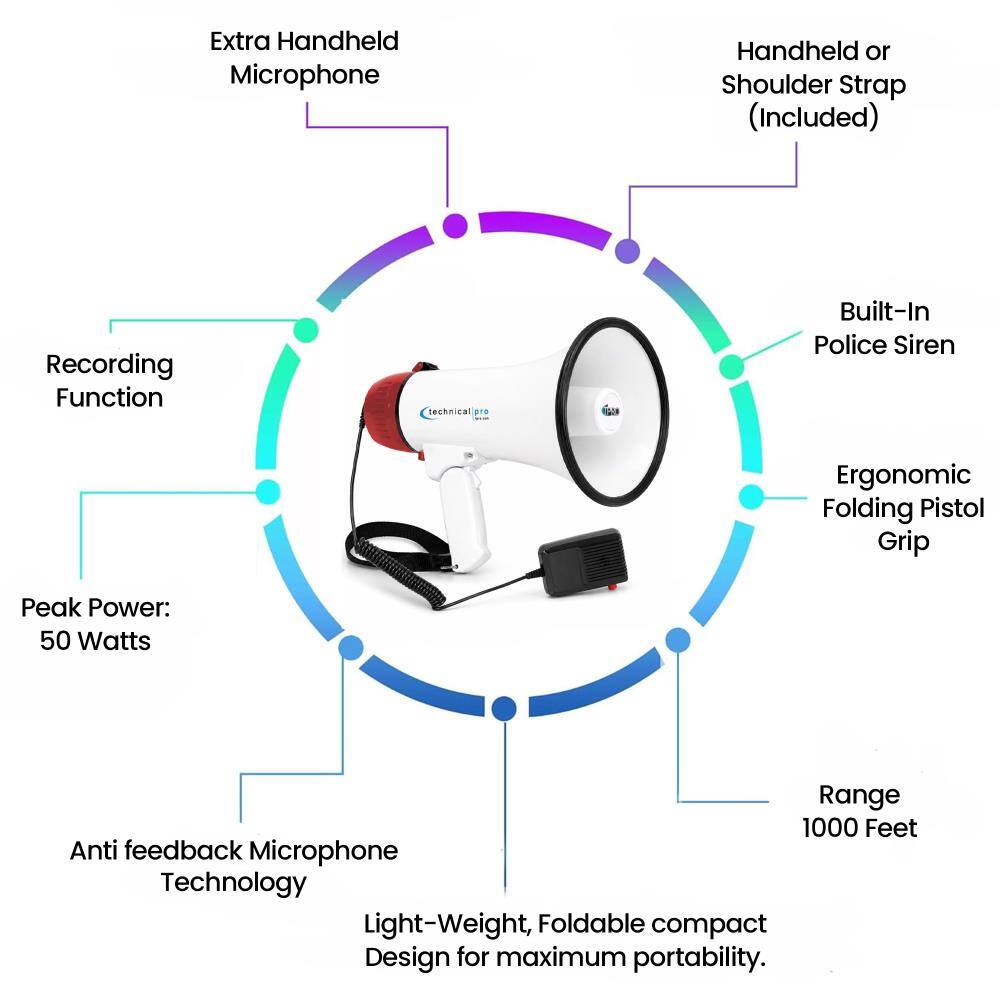Extra Handheld Microphone  
Handheld or Shoulder Strap (Included)  
Recording Function  
Built-In Police Siren  
Ergonomic Folding Pistol Grip  
Peak Power: 50 Watts  
Range: 1000 Feet  
Anti feedback Microphone Technology  
Light-Weight, Foldable compact Design for maximum portability.