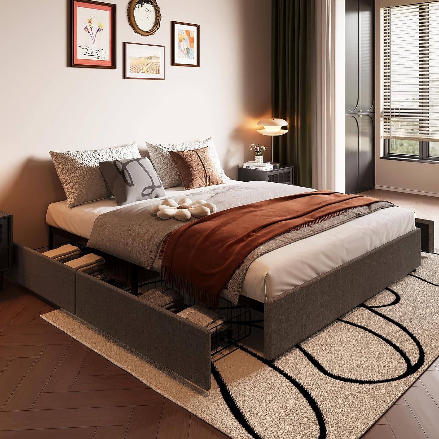 Front. Babevy - King/Queen/Full Size Bed Frame with 4 Storage Drawers, Platform Bed Frame with Mattress Foundation - Dark Gray.