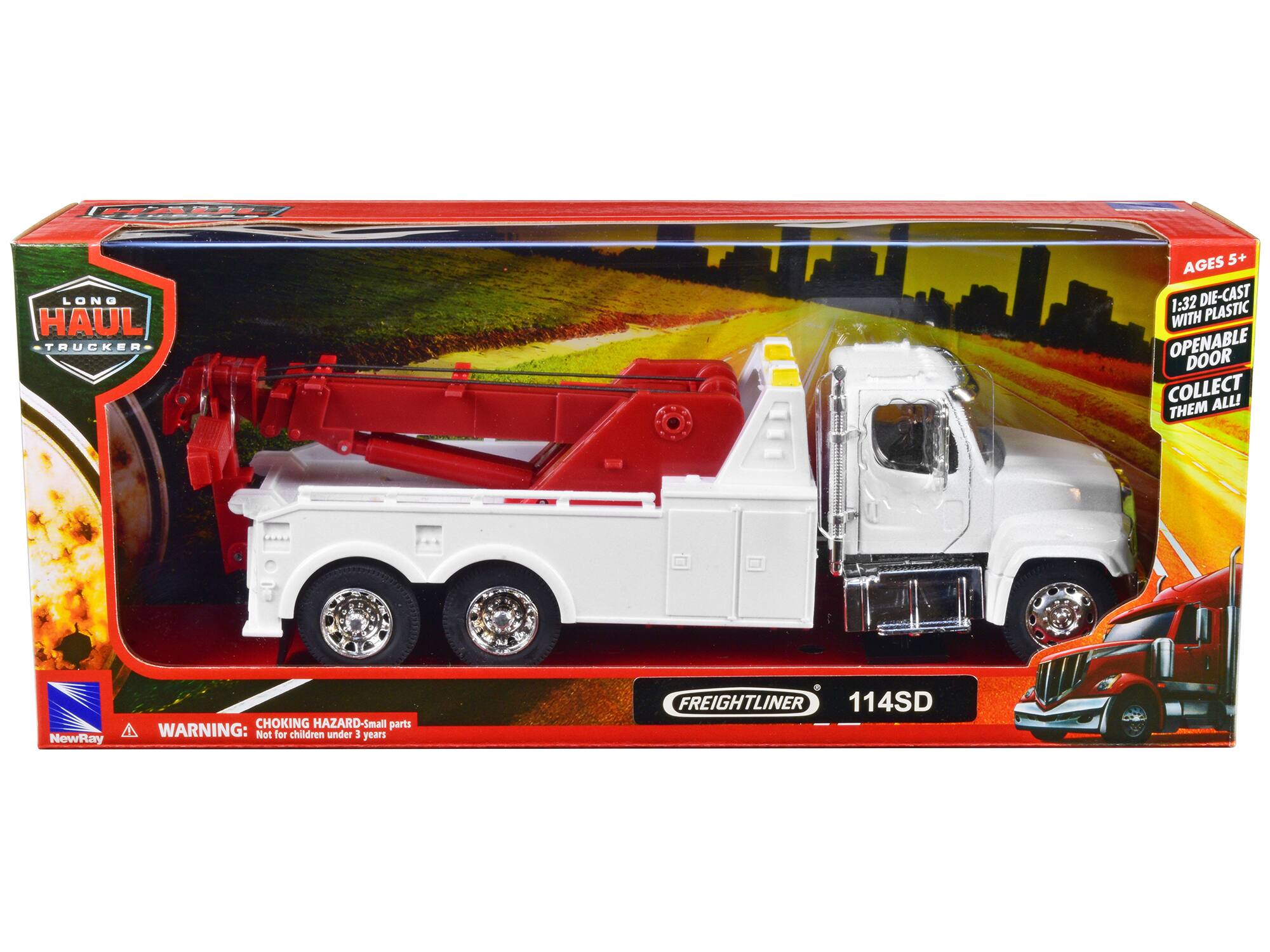 LE LONG HAUL TRUCKER AGES 5+ 1:32 DIE-CAST WITH PLASTIC OPENABLE DOOR COLLECT ALL! THEM CHOKING HAZARD-Small parts A WARNING: Not for children under 3 years NewRay FREIGHTLINER 114SD