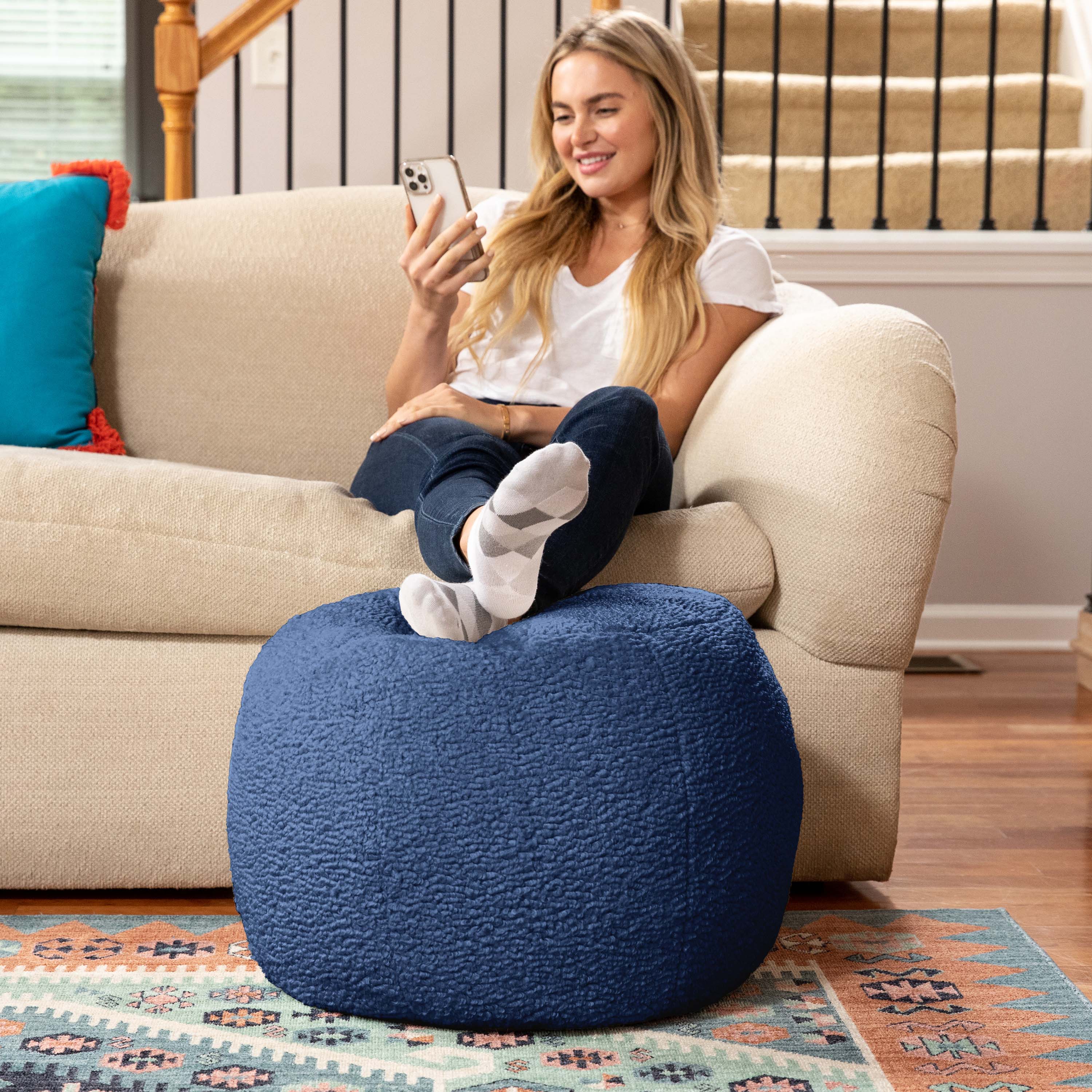 Alt View 3. Jaxx - Jaxx Ellis Ottoman Shearling Faux-Lamb Plush Pouf for Modern Interior Design, Small, Indigo - Indigo.