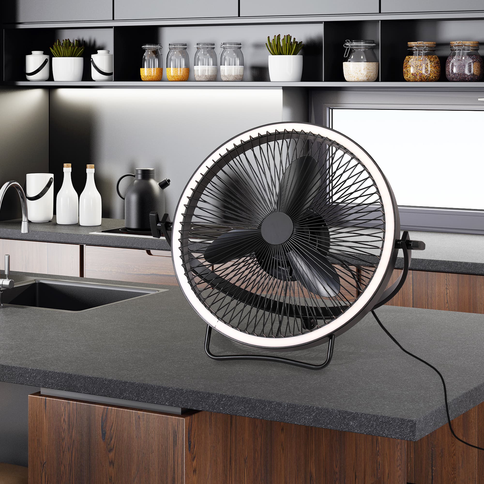 Parrot Uncle - 20" Integrated LED Rotatable Covered Portable Fan Ceiling Fan with Light and Remote - Matte Black