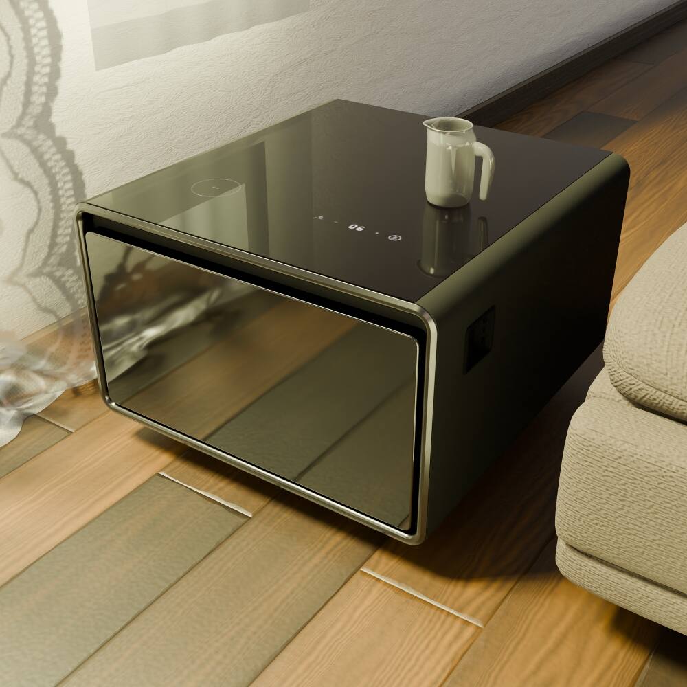 Left. Loheer - Loheer Smart Side Table with Fridge, Wireless Charging, Modern Black Nightstand - Black.