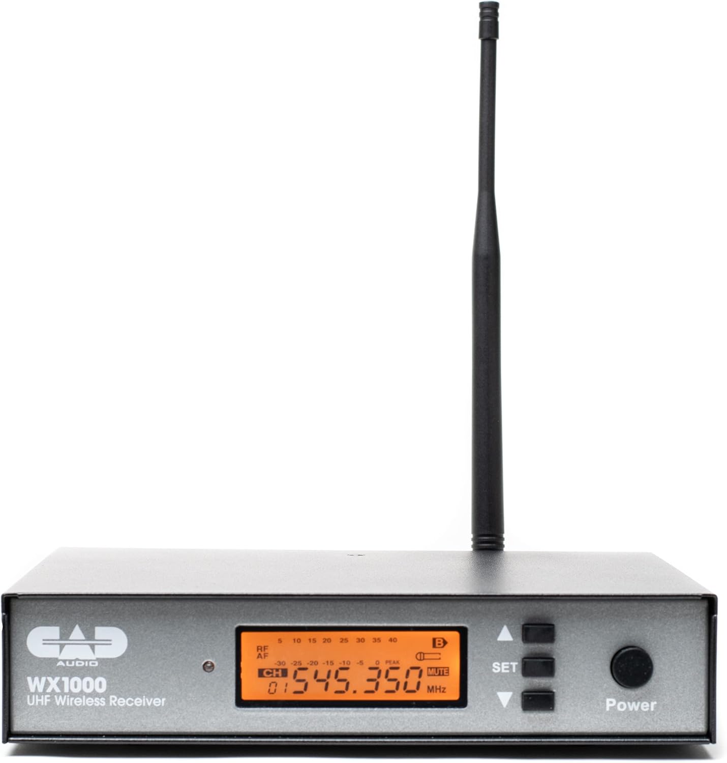 CAD AUDIO WX1000 UHF Wireless Receiver

RF AF 1 .30 25 20 -ES -10 -5 . PAS CH MUTE 0 I 545.350 MHz SET Power
