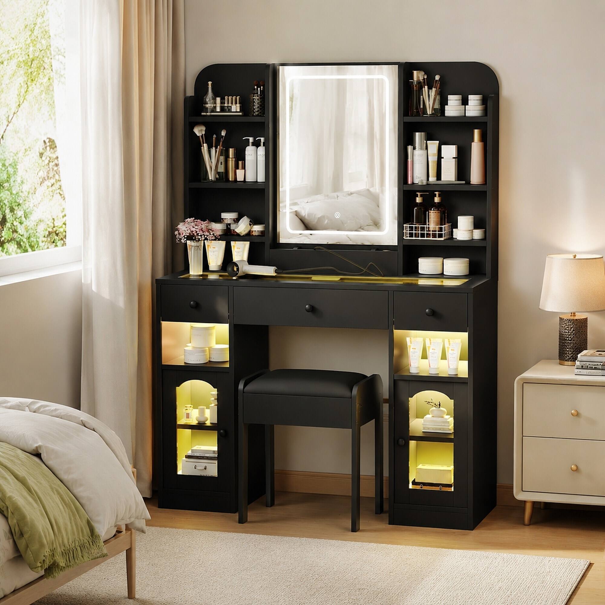 Back. RYHNUYNE - 43.2 in Vanity Desk, LED Mirror, 3 Drawers, Glass Top, RGB Cabinets, Stool, Black Makeup Table - Black.