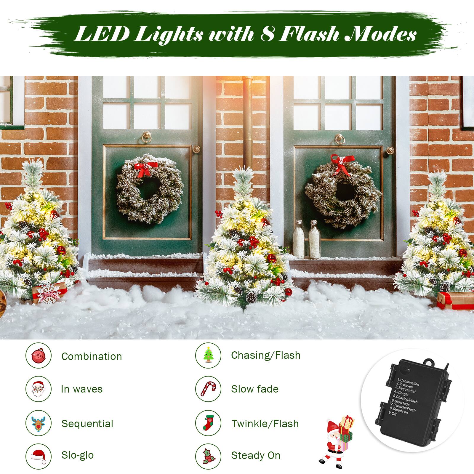 LED Lights with 8 Flash Modes

- Combination
- In waves
- Sequential
- Slo-glo
- Chasing/Flash
- Slow fade
- Twinkle/Flash
- Steady On

8.0m