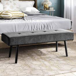 Hivvago - Mid-Century Grey Corduroy Upholstered End of Bed Bench with Metal Legs - Gray