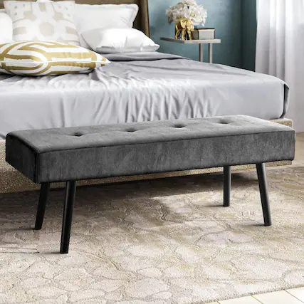 Front. Hivvago - Mid-Century Grey Corduroy Upholstered End of Bed Bench with Metal Legs - Grey.