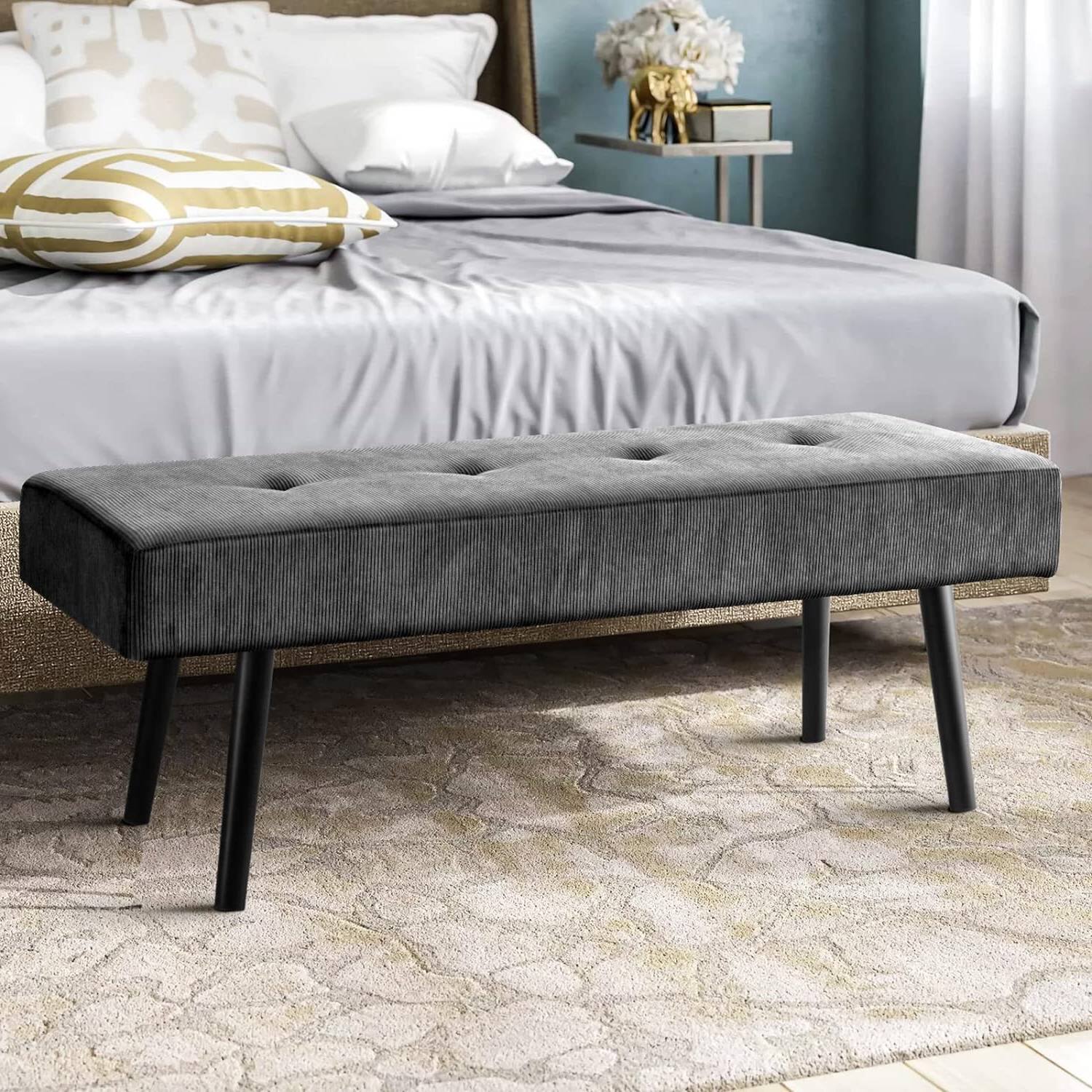 Front. Hivvago - Mid-Century Grey Corduroy Upholstered End of Bed Bench with Metal Legs - Grey.