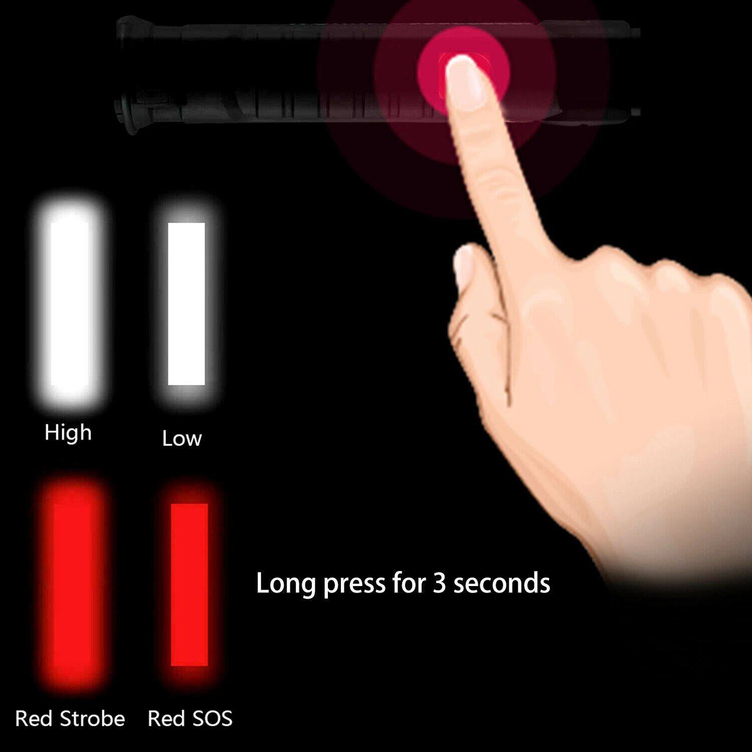 High Low  
Long press for 3 seconds  
Red Strobe Red SOS