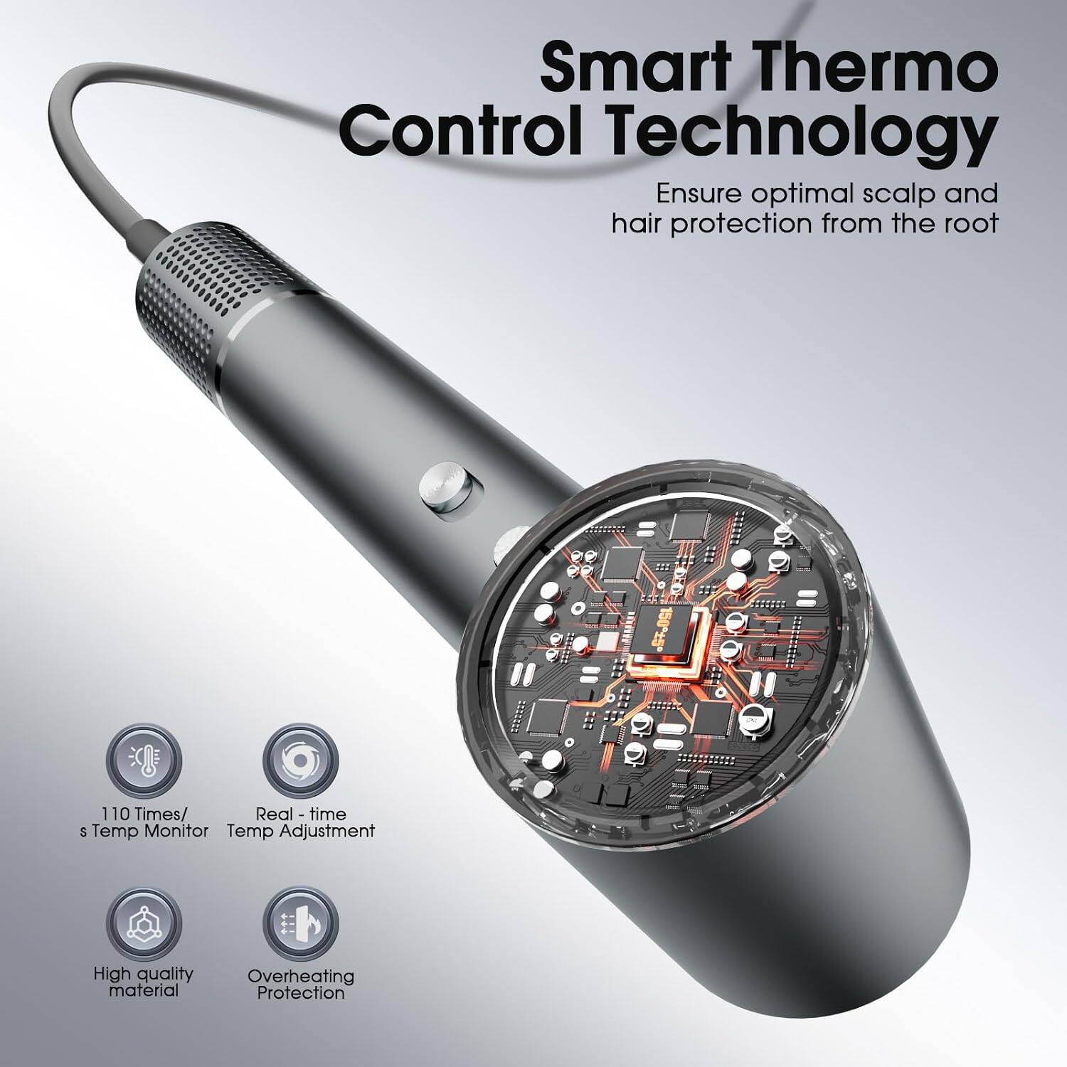 Smart Thermo Control Technology  
Ensure optimal scalp and hair protection from the root  

110 Times/ s Temp Monitor  
Real-time Temp Adjustment  
High quality material  
Overheating Protection
