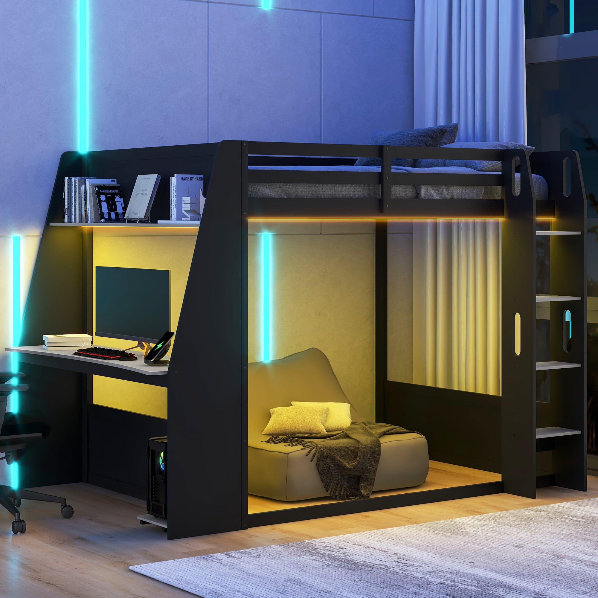 Whisen - Full over Full Gaming Bunk Bed with Built-in Desk,Storage Shelves,USB Port and LED Lights - Black and Gray