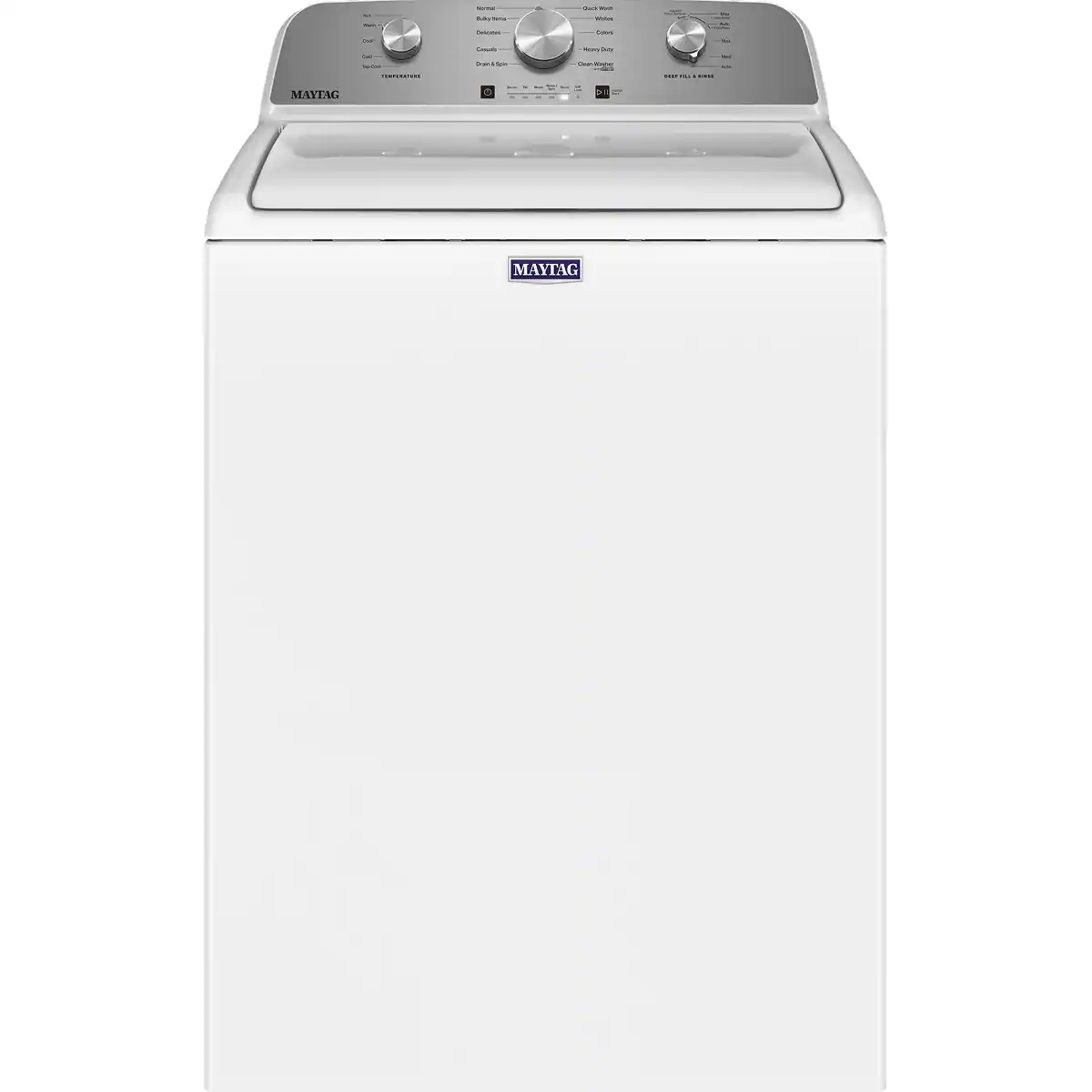 Sure, here is the corrected and grouped text from the image:

---

**MAYTAG**

**WASHING MACHINE**

**Controls:**

- **Temperature:**
  - Cold
  - Warm
  - Hot

- **Cycle:**
  - Normal
  - Heavy Duty
  - Bulky Items
  - Delicates
  - Quick Wash
  - Sportswear
  - Sanitize
  - Heavy Duty
  - Clean Wringer

- **Spin Speed:**
  - 800 RPM
  - 1000 RPM
  - 1200 RPM

- **Additional Options:**
  - Deep Fill
  - Deep Fill

**Buttons:**
- Start/Pause
- Delay Start

**Energy Star**

---

This text is based on the visible labels and controls on the washing machine.